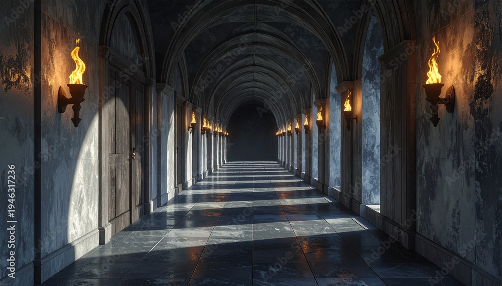 Fototapeta premium Dimly Lit Arched Corridor with Sconces.
