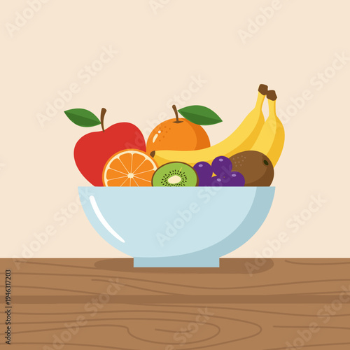 A vibrant bowl of assorted fresh fruits, including apples, oranges, bananas, and kiwis, against a soft pastel background, ideal for health and wellness themes