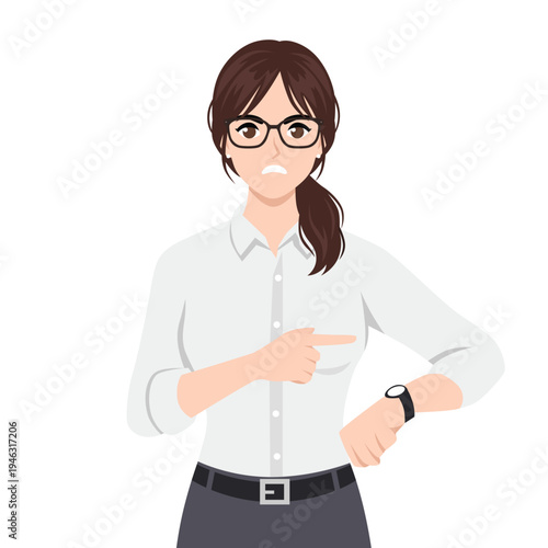 Angry Businesswoman Pointing at Watch Showing Impatience About Time. Flat Vector Character