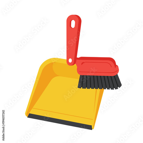 Colorful cleaning tools featuring a red brush and yellow dustpan on a white background