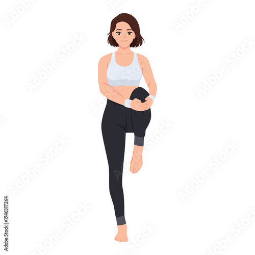 Woman Doing Standing Knee to Chest Stretch. Flat Vector Character