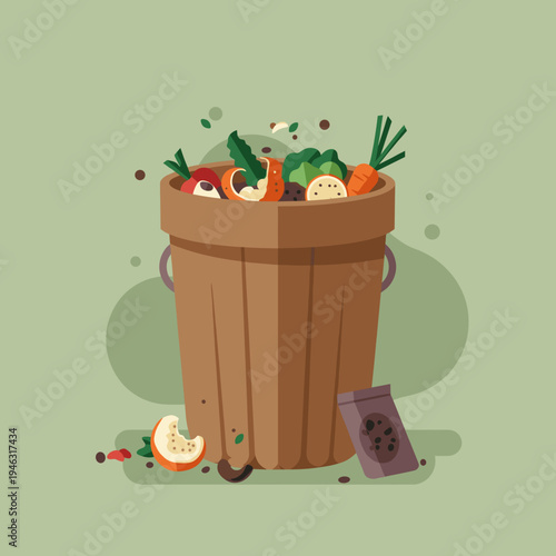 A wooden trash bin overflowing with colorful vegetable scraps on a soft green background