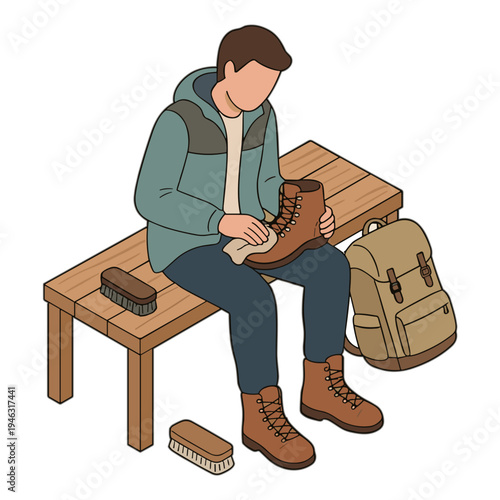 Man sitting on a bench cleaning brown boots with brush and polish