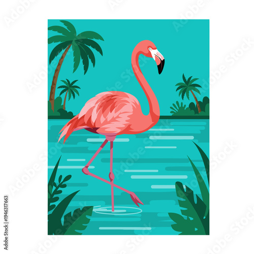 Vibrant pink flamingo standing gracefully in a tropical lagoon surrounded by palm trees
