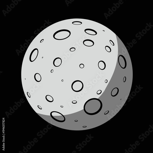 Cartoon illustration of a detailed moon with craters against a black background