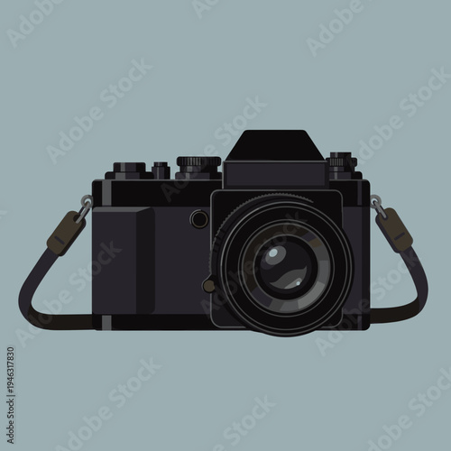 Vintage camera with a strap on a minimalist background, ideal for photography enthusiasts