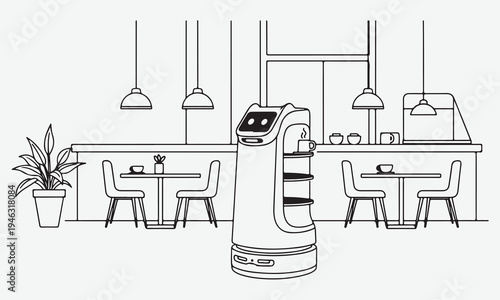Line art illustration of a service robot delivering coffee in a cafe with tables and chairs coffee shop