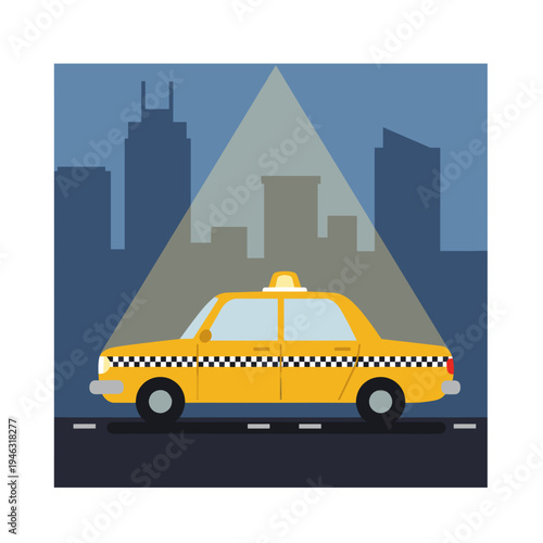 Yellow taxi illuminated by a spotlight against a city skyline at dusk