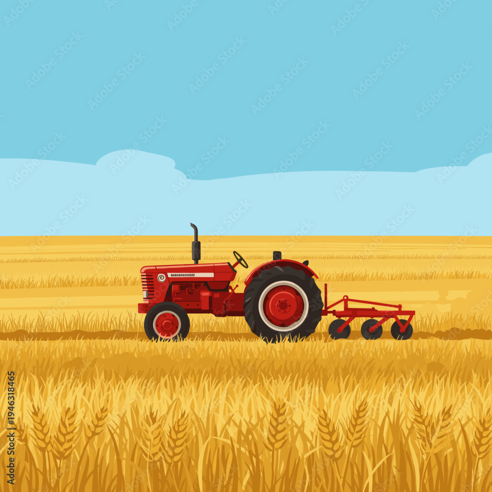 Obraz premium Vintage red tractor plowing golden wheat field under a clear blue sky