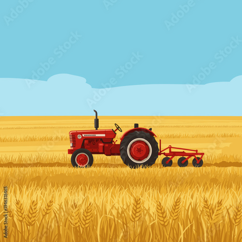 Vintage red tractor plowing golden wheat field under a clear blue sky