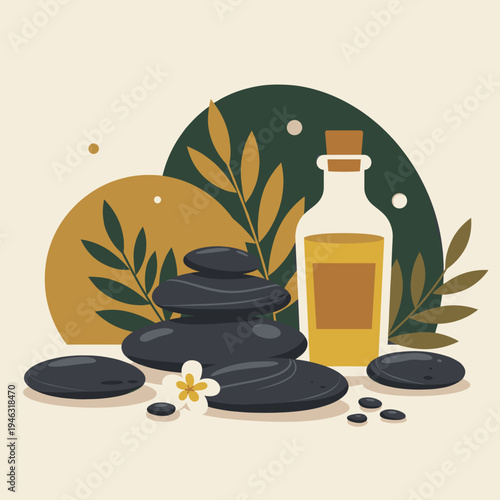 A serene spa scene featuring a bottle of essential oil, smooth stones, and lush foliage
