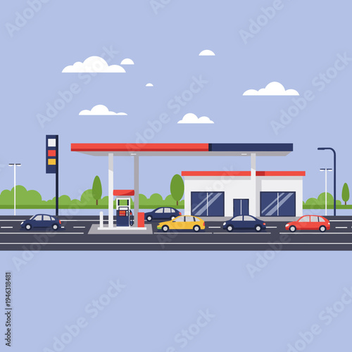 Colorful gas station scene with cars refueling under a clear sky and trees
