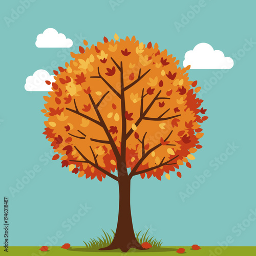 Vibrant autumn tree with colorful leaves against a bright blue sky and clouds
