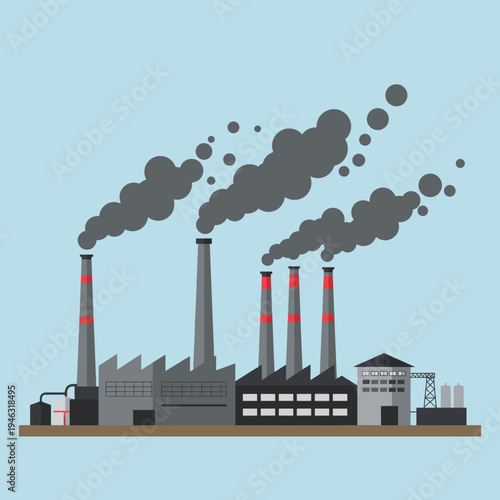 Industrial smokestacks emitting gray smoke against a clear blue sky, showcasing pollution