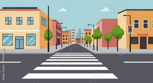 Colorful urban street scene with crosswalk, buildings, and traffic light under blue sky