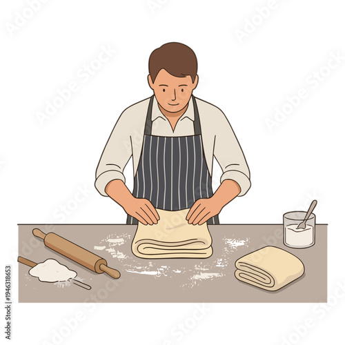 Man in apron kneading dough on floured surface with rolling pin