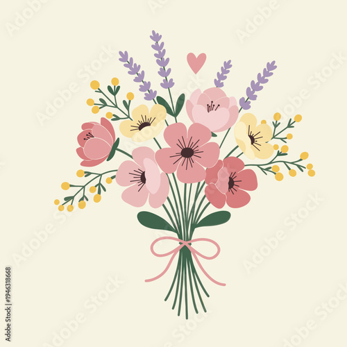 A vibrant bouquet of pink, yellow, and lavender flowers with a heart, set against a soft background