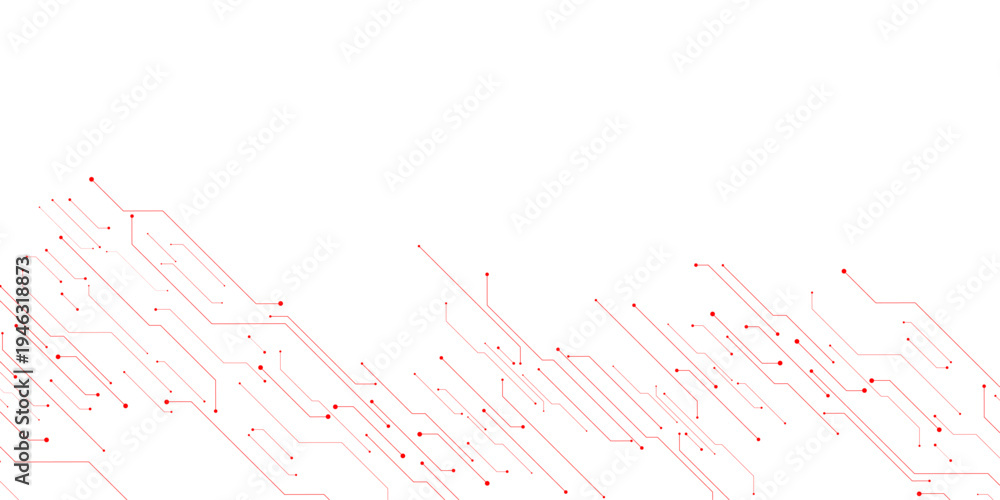 Obraz premium Vector Technology connected red lines and dots with electronics elements on tech bg. Digital technology futuristic internet network speed connection white background.