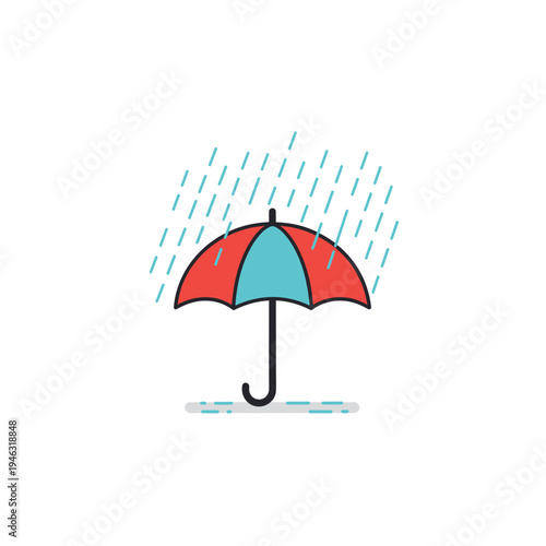 Colorful umbrella shielding against rain in a minimalistic, bright background