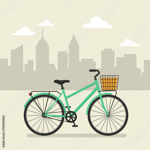 Green bicycle with a basket parked against a city skyline with clouds in the background
