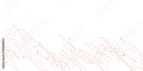 Vector Technology connected red lines and dots with electronics elements on tech bg. Digital technology futuristic internet network speed connection white background.
