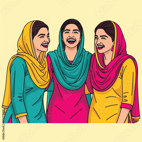 Three happy south asian women in colorful traditional clothes laughing together