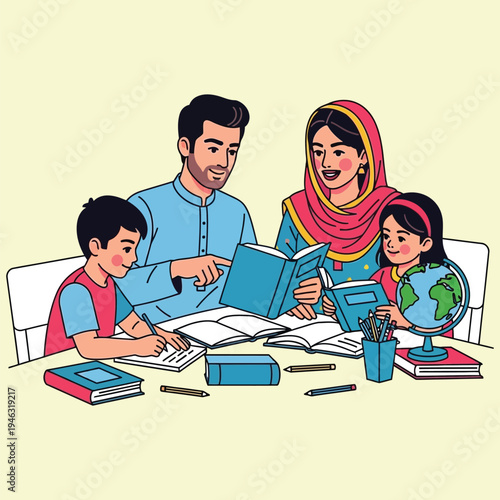Family studying together at table with father mother and children reading books