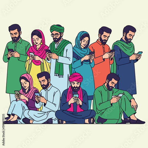 pakistani men and women dressed in traditional clothing using smartphones for social networking