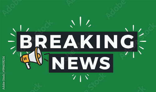 Breaking News Headline Illustration Featuring Minimalist Loudspeaker Graphic and Clean Black Bars, Vector Template for YouTube News Channels and Social Media Broadcasts.