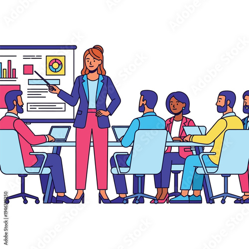 businesswoman giving presentation to colleagues in meeting room, corporate team collaboration