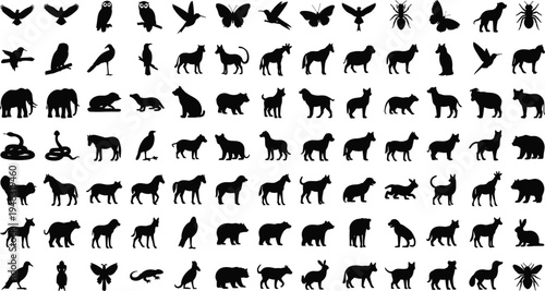 Mega Animal Silhouette Set Featuring Birds Mammals Insects and Wild Creatures Isolated on White Background for Graphic Design and Web Icons