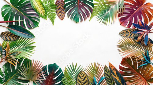 Tropical palm tree leaves with green holiday decorations and festive frame