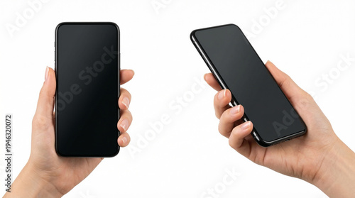 Hand holding a mobile phone with blank screen showing technology and communication features