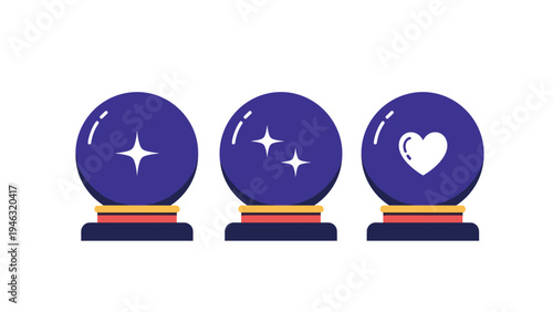 Set of three mystical crystal balls on dark bases featuring symbols of stars and a heart on a white background.