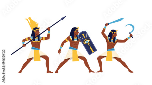 Three ancient egyptian warriors in traditional attire holding weapons like spears shields and swords in dynamic combat poses.