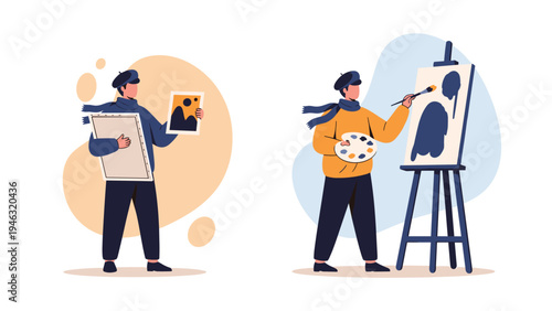 Illustration of two creative artists in berets one carrying a finished painting and another working at an easel with a palette.