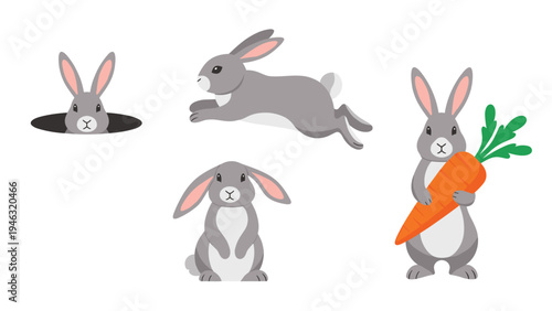 Collection of four grey rabbit illustrations showing different poses such as peeking out of a hole, jumping, sitting, and holding a carrot.