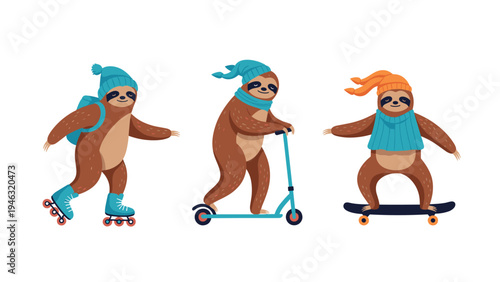 Three cute sloths participating in outdoor activities like rollerblading, riding a kick scooter, and skateboarding on a plain background.