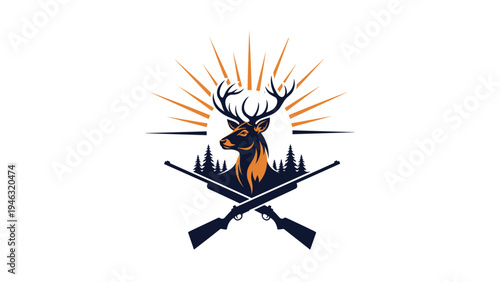 Hunting logo design featuring a deer head with antlers silhouetted against a rising sun and crossed rifles in a forest landscape.