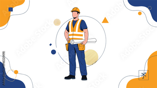 Professional construction worker or engineer standing confidently in safety gear including a hard hat and orange vest while holding blueprints.