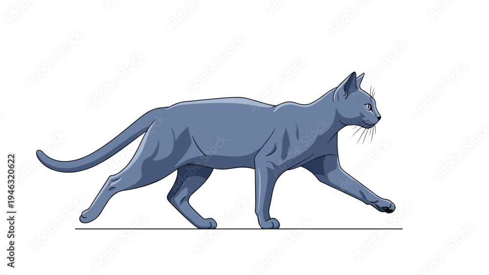 Fototapeta premium Profile view of a sleek grey cat walking gracefully across a white surface with its tail extended and a focused expression on its face.