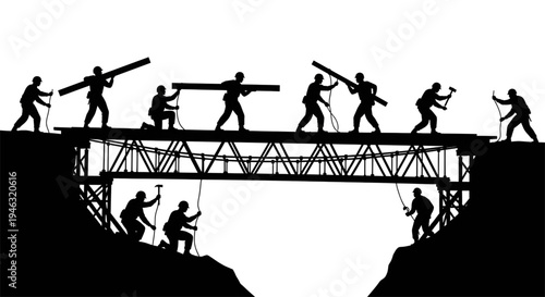 Military Engineers Building Bridge Silhouette Group Teamwork and Construction
