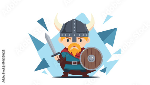 Cute cartoon viking character holding a sword and a round wooden shield, wearing a horned helmet and a red cape on an abstract background.