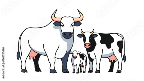 Family of cattle including a large white bull, a black and white cow, and a small calf standing together in a simple clean vector illustration.