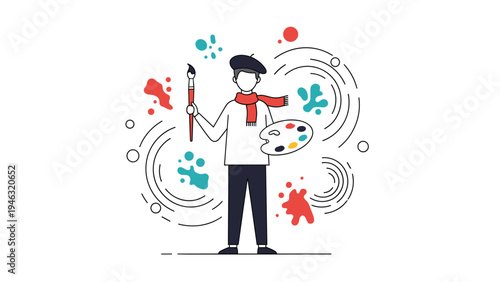 Line art illustration of an artist wearing a beret and scarf holding a paintbrush and a palette with colorful paint splatters in the background.