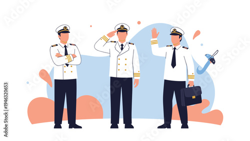 Three ship captains or naval officers in white uniforms and peaked caps standing in various poses like saluting and waving on an abstract background.