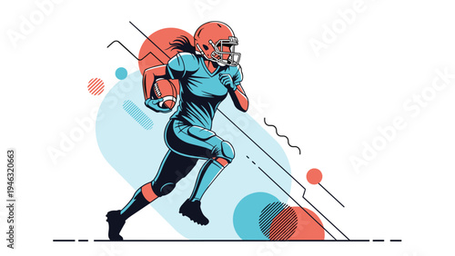Dynamic illustration of a female American football player running with the ball against a background of abstract geometric shapes and lines.