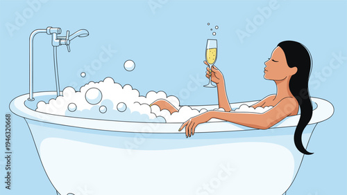 Relaxed woman with long black hair enjoying a bubble bath in a classic white tub while holding a glass of champagne in a serene setting.