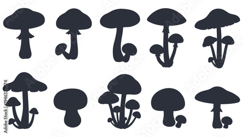 Collection of ten different mushroom silhouettes in various shapes and sizes arranged in two rows, perfect for nature or foraging themes.