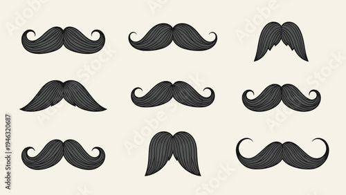 Set of nine different moustache styles in black and grey, ranging from thin to bushy curls, displayed on a light cream-colored background.